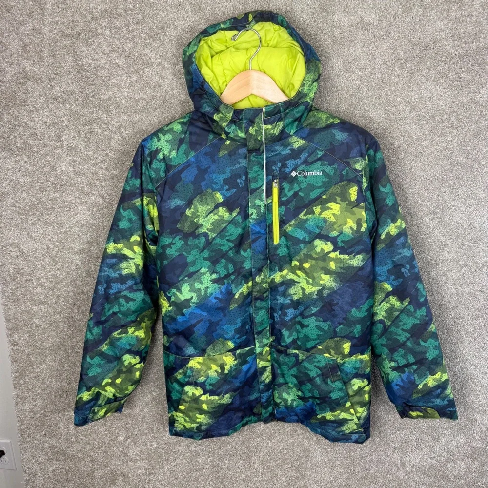 Columbia Youth XL 18-20 Camo Puffer Jacket Green Blue Hooded Insulated